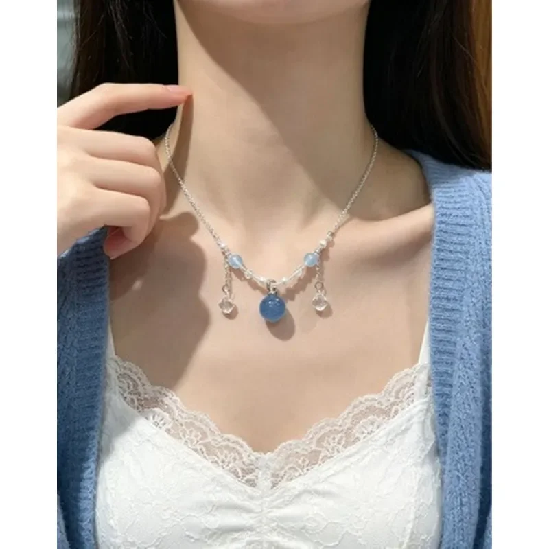 Aquamarine Sterling Silver Live Button Clavicle Chain Necklace 14m m