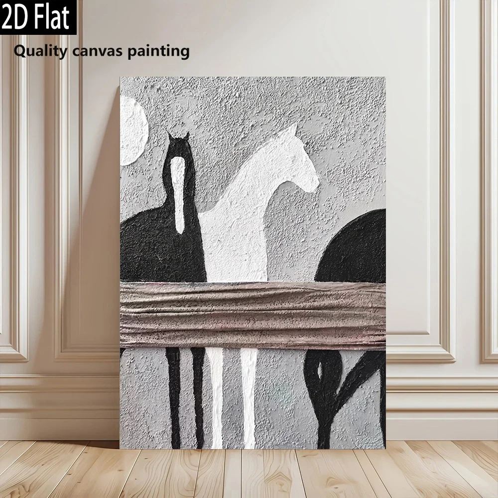 Frameless Canvas Painting Textured Horse Painting, Black White Abstract Horse Wall Art, Modern 2D Minimalist Equestrian Decor, W
