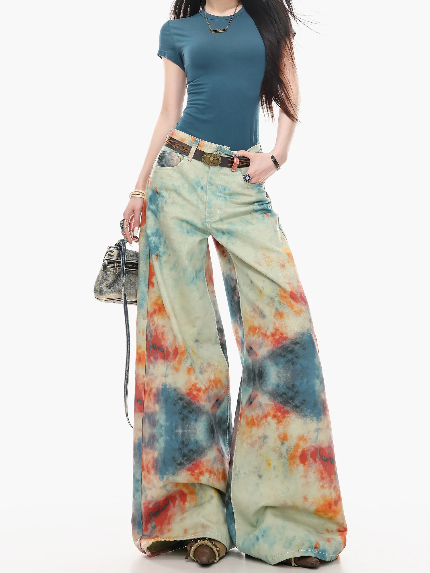 

Джинсы ABWLR Island Holiday Original American High Street с широкими штанинами и эффектом тай-дай, женские свободные брюки с завышенной талией, весенняя коллекция