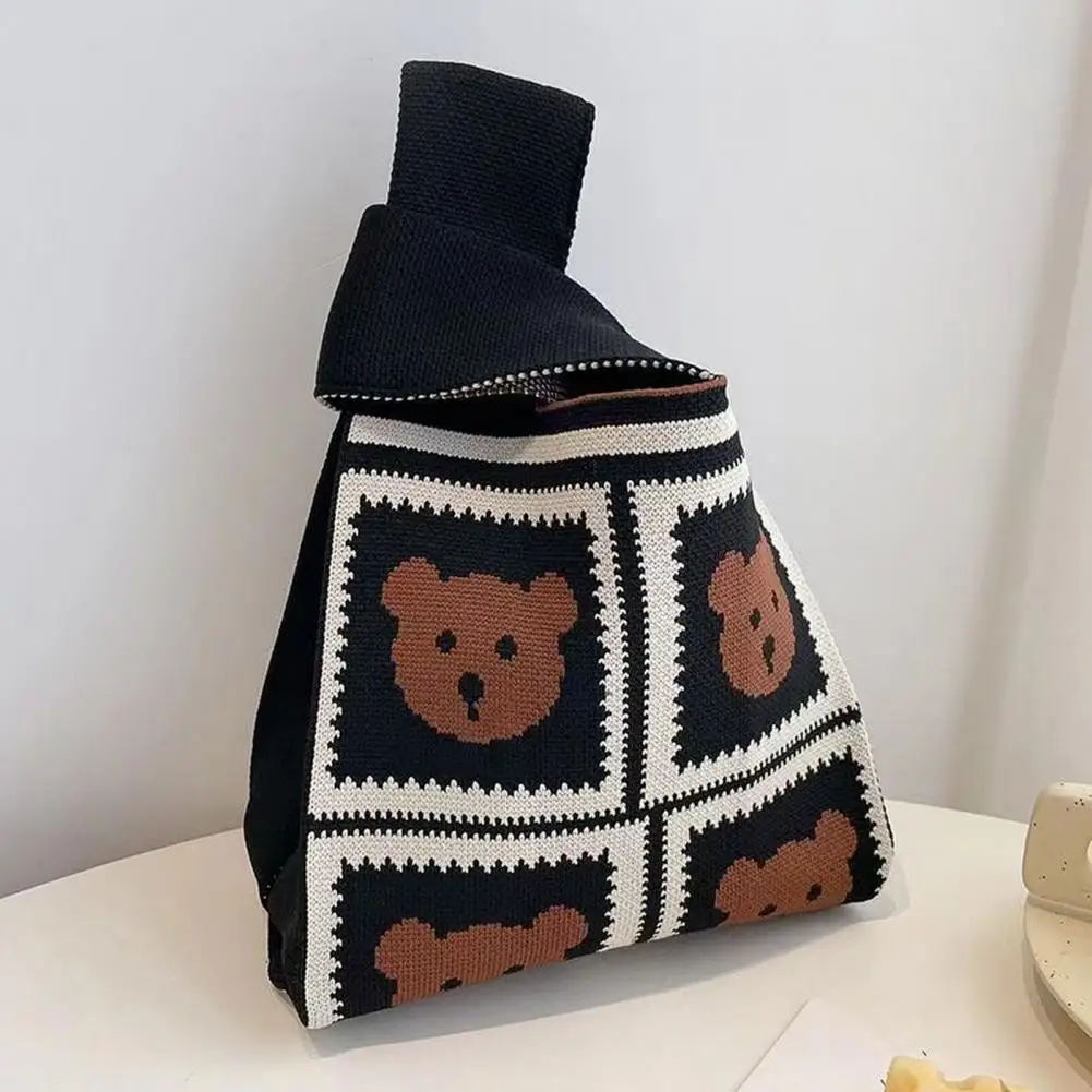 Cartoon Bear Rose Pattern Wrist Handbag para mulheres, sacola de malha de crochê estética, bolsa de manga Knot