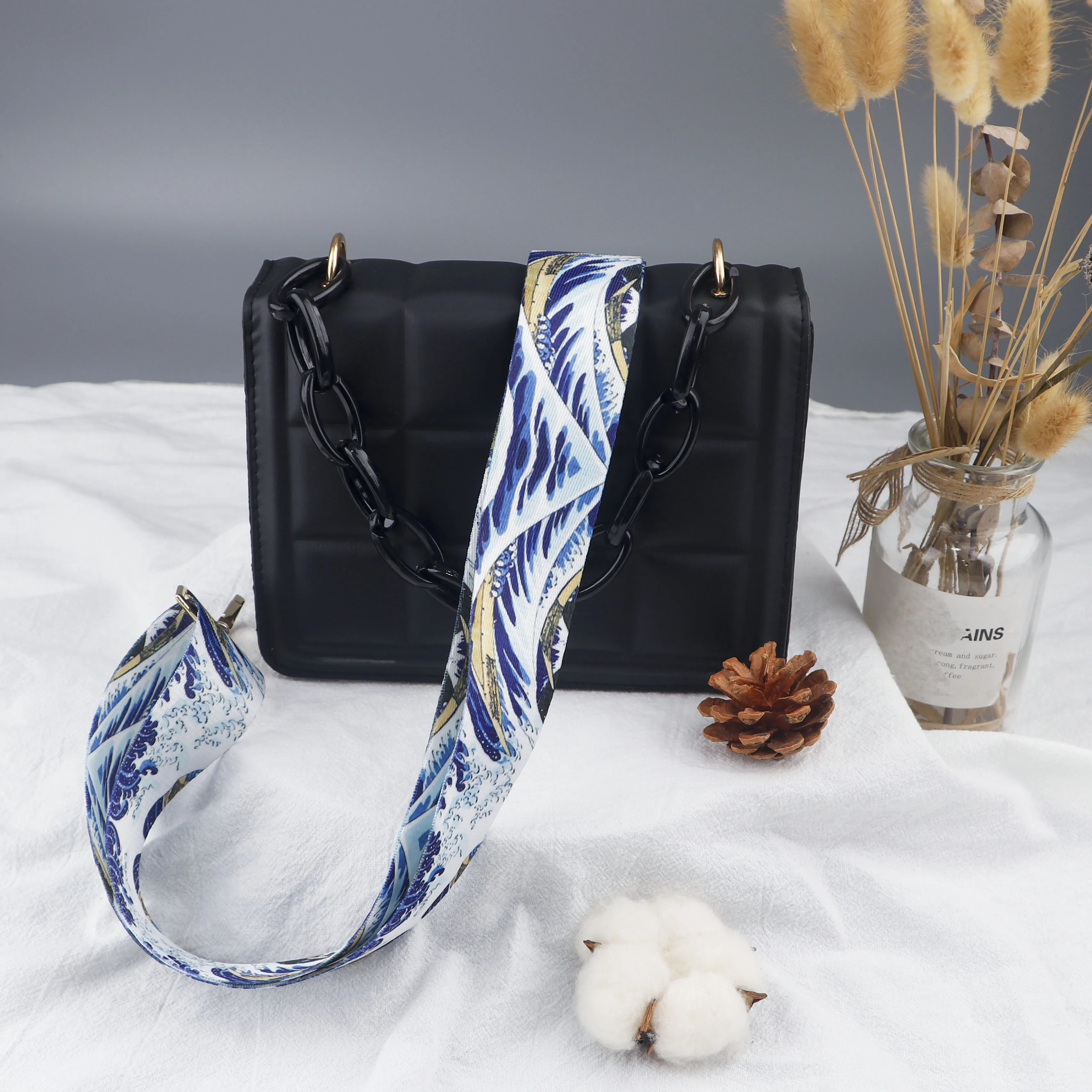 Sea Wave Pattern Nylon Adjustable Widening Strap Fashionable Bag Metal Chain Bag Accessories Women Handbag Versatile Straps