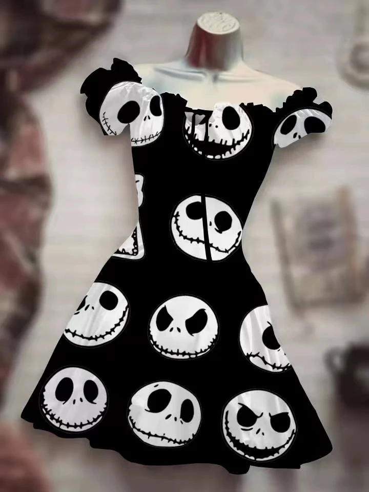 

Horror One Piece Halloween Black Costume Long Dress Hawaiian Bohemian Dress Rose Skull Night Clothing Holiday Party Outfit