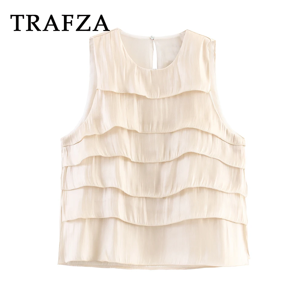 

TRAFZA Chic Beige Y2K Elegant Tierred Cami Woman Top Sweetwear Summer Streetwear Modern Vest Fashion 2025 Beach Party Mujer Tops