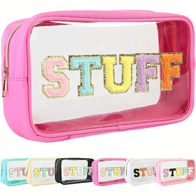 Letter Patches Cosmetic Bag Transparent Women Make Up Case Waterproof Nylon Makeup Pouch Toiletry Beauty Organizer for Travel