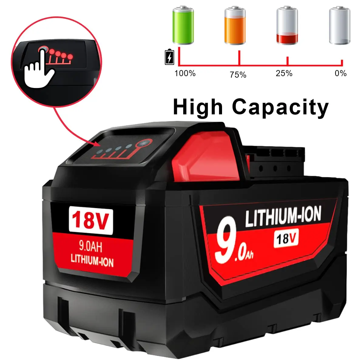 4Pack 9.0Ah battery replacement 18v 6Ah 9Ah  m 18 M 18B Tool  forMilwaukees 2869 case