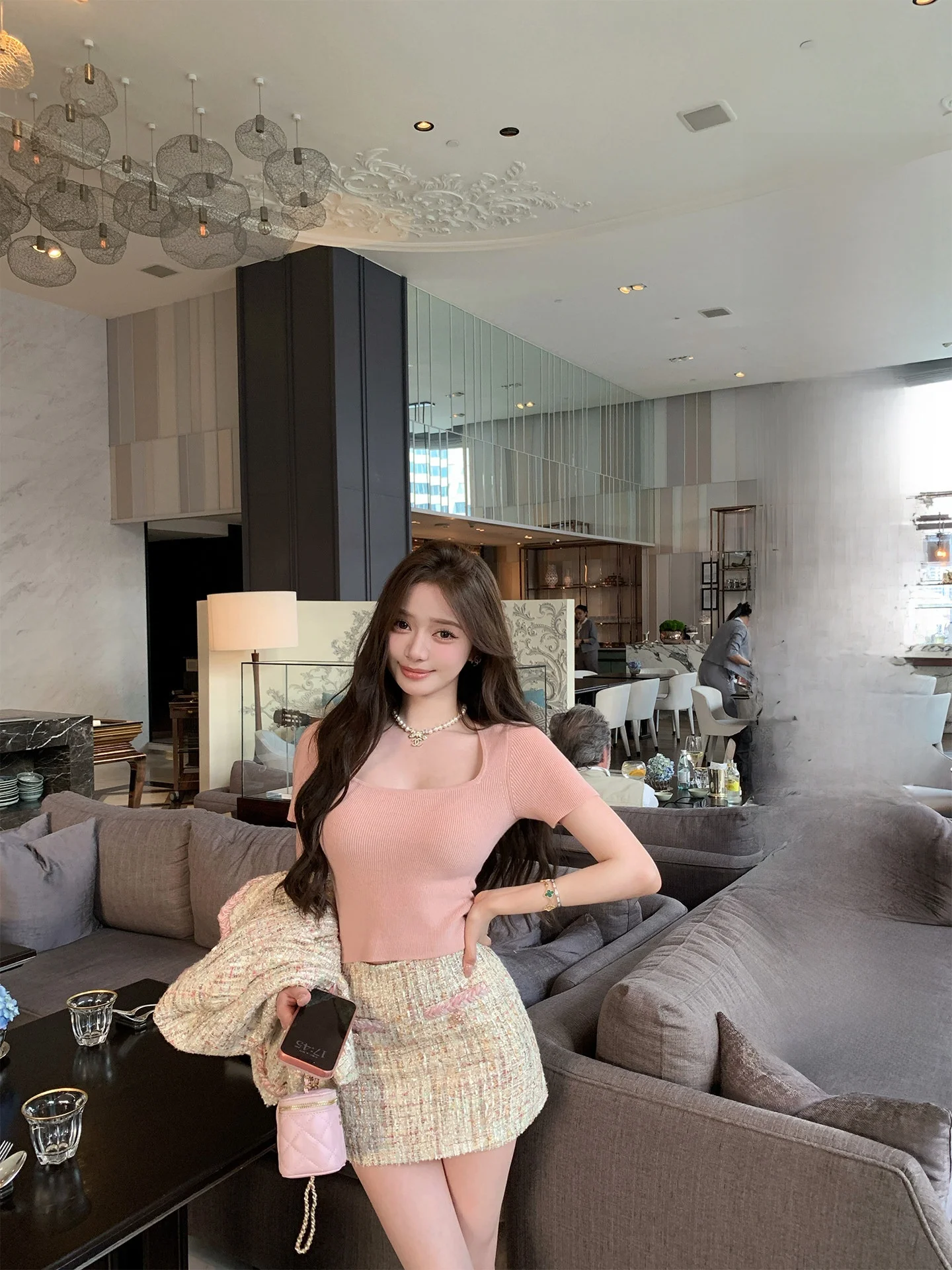 

Женская модная футболка Chen Jin NNS Early Spring в корейском стиле, приталенная, вязаная, с коротким рукавом, квадратным вырезом и эластичная