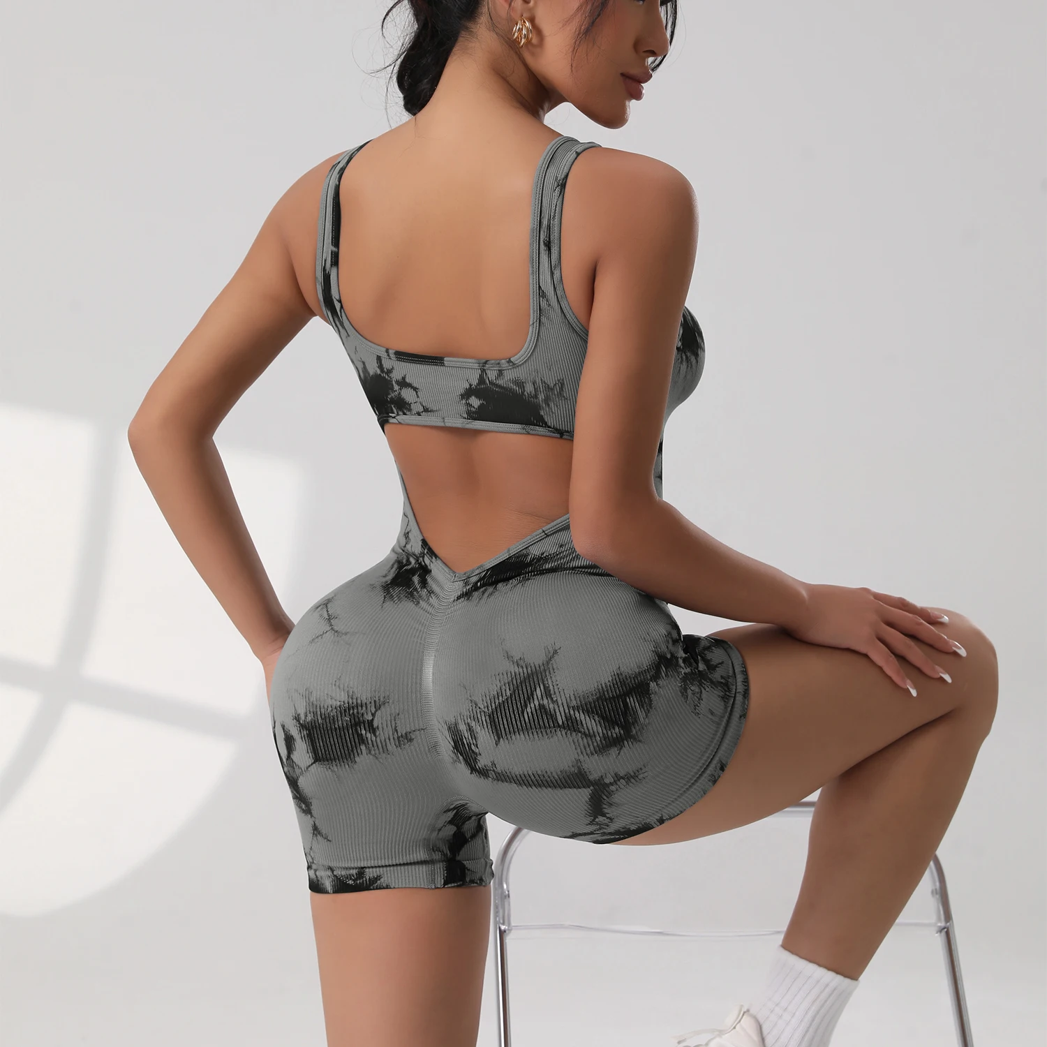 

Женский комбинезон Tie Die, красивый эластичный комбинезон без рукавов сзади, дышащий боди с U-образным вырезом и резьбой без подушечек для бюста