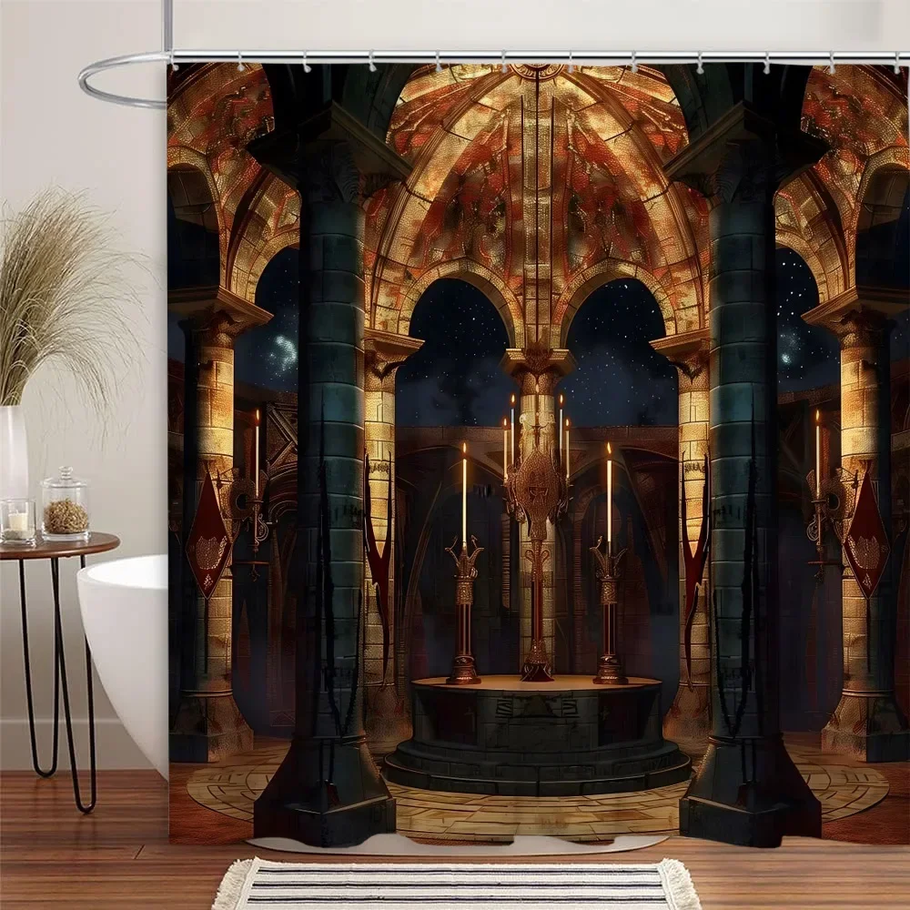 Library Shower Curtain Vintage Medieval Books Bookshelf Cat Dog Leaves Magic Gothic Polyester Fabric Bathroom Decorative Curtain