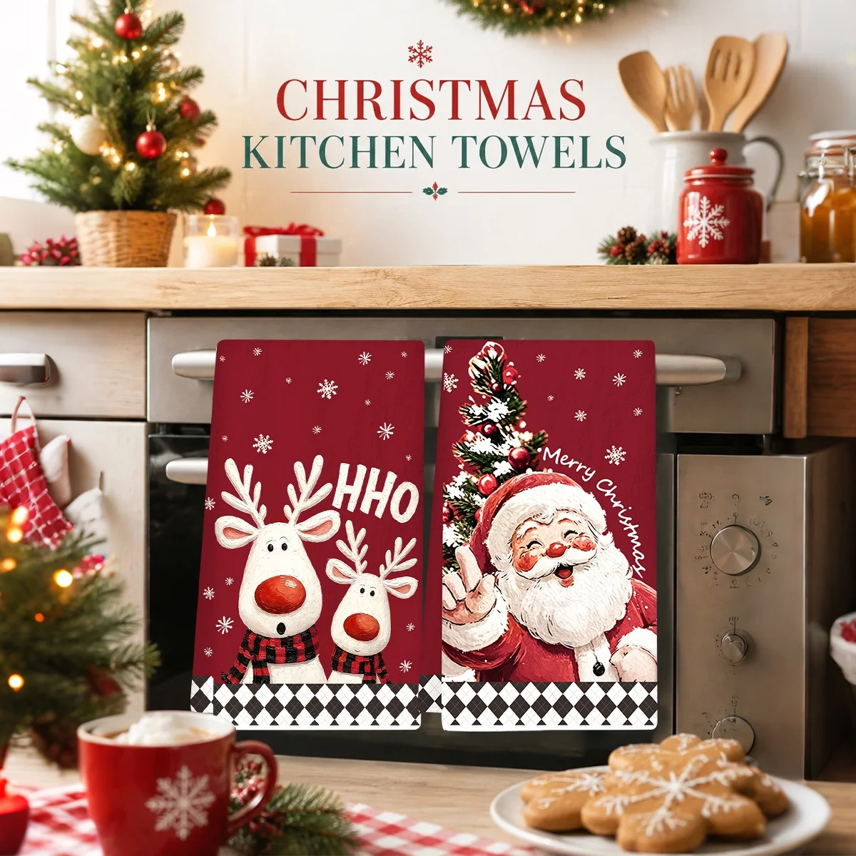 2pcs Merry Christmas Hand Towels Retro Santa Reindeer Absorbent Kitchen Towels Navidad Christmas Decorations for Home 2026