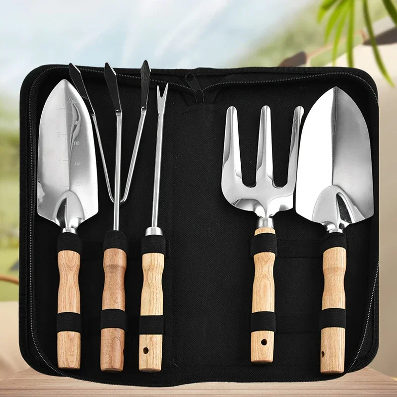 5 Pcs Gardening Tools Set Stainless Steel Ergonomic Root Picker Rake for Pots Beds Containers Outdoor Kit