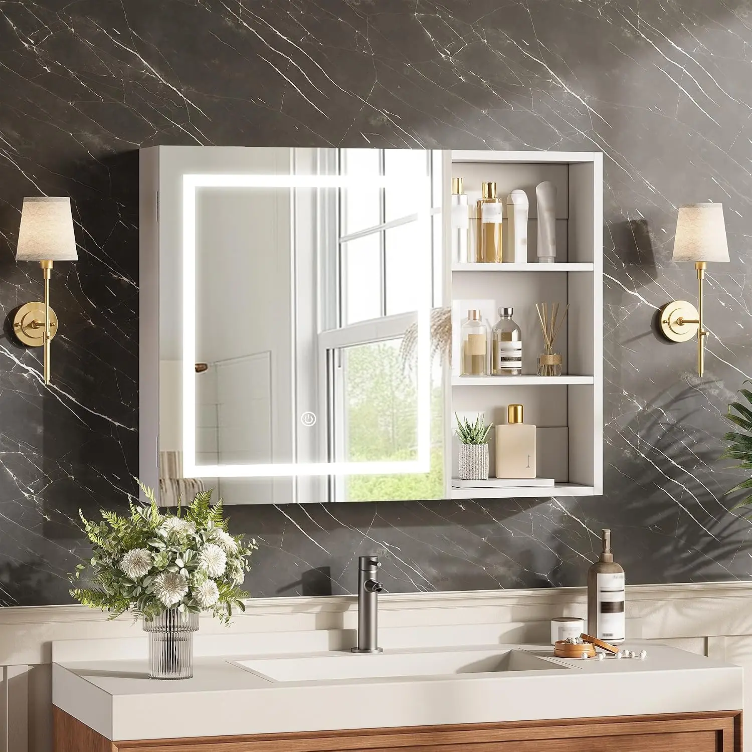 LED Medicine Cabinet Mirror, Wall Mounted Bathroom Storage, Touch Control Vanity, Recessed or Surface Mount, 32
