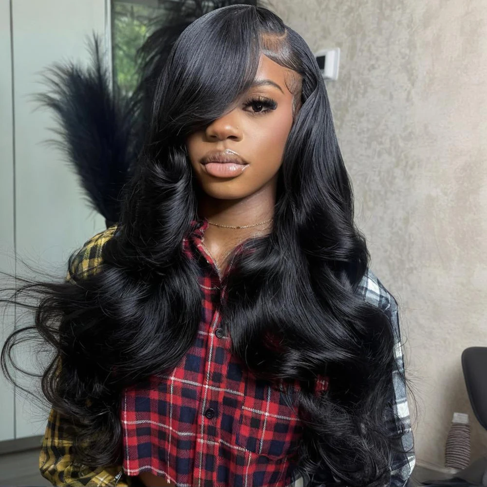 

46 Inch #1B Natural Black Lace Front Wig 13x6 HD Transparent Lace Frontal 200 Density Body Wave Pre Plucked Bleached Knots