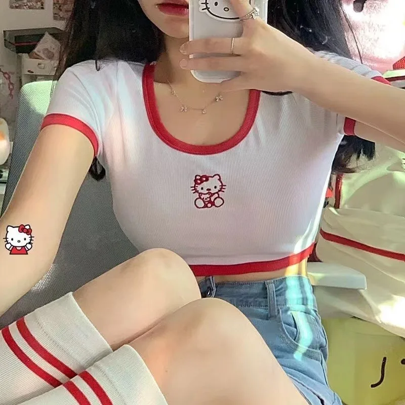 Kawaii Sanrio Hello Kitty T-Shirt Cartoon Girls Short Sleeve Tops Y2K Fashion Sexy Woman Blouse Streetwear Crop Top Tees Gifts