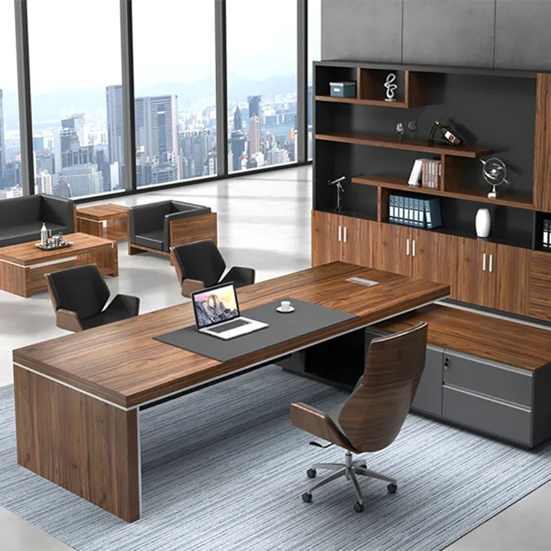 Luxury Office Desks Executive Office Desk Boss Table with Side Cabinet and Bookcase