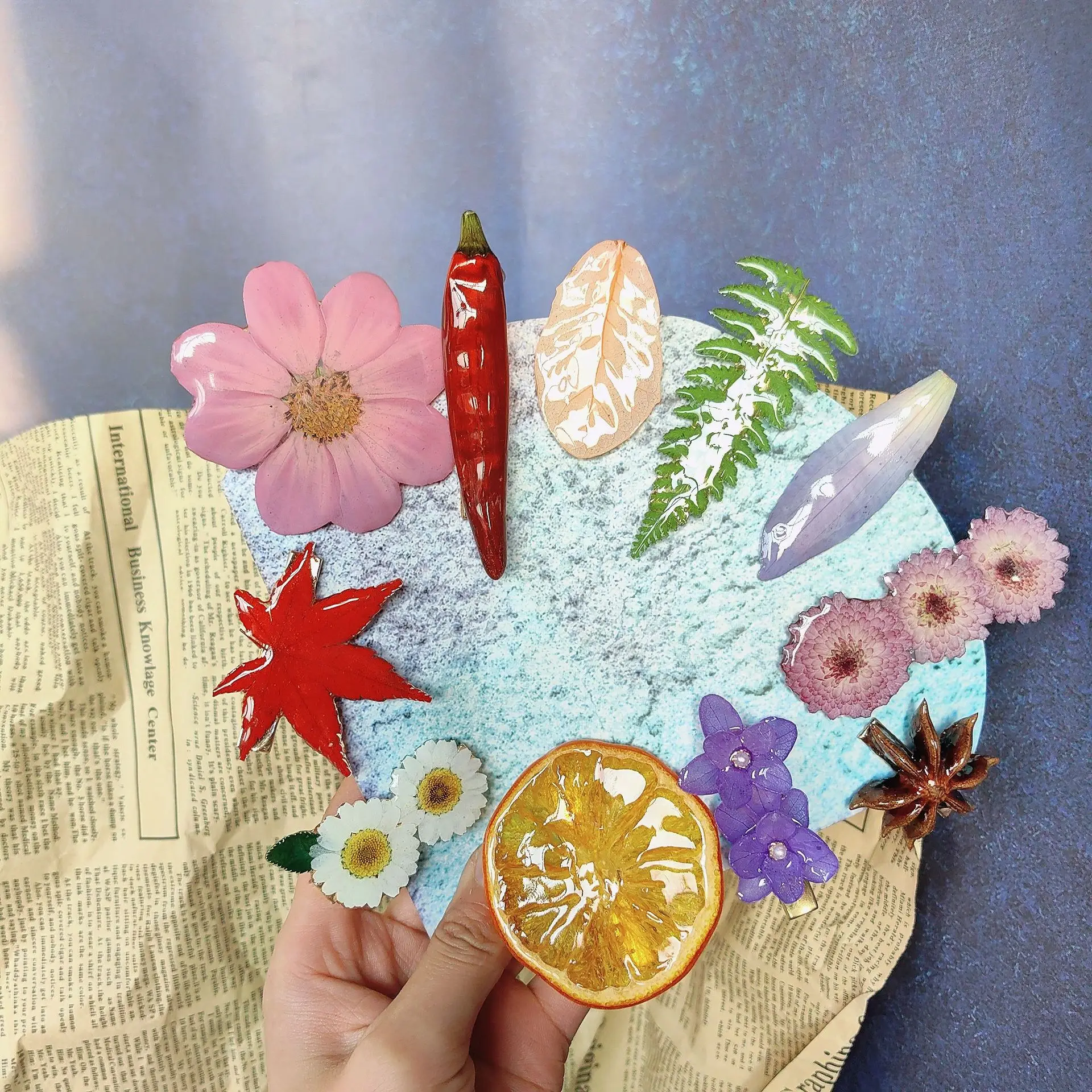 Pinzas para el cabello de flores reales de resina hechas a mano, fruta Real, Chile, hoja de arce, Clips laterales para el cabello de hojas reales, accesorios creativos para el cabello