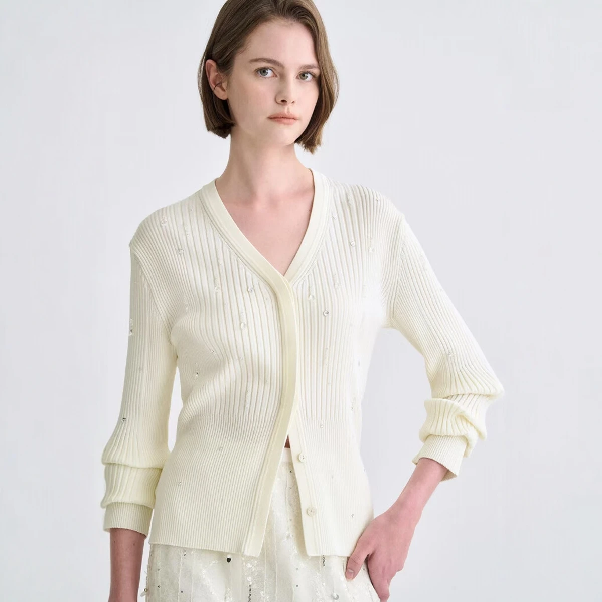 

Ele Knitted Long Sve V-Ne Diamond Stitched Slim Fit Comfortable Cardigan Open Front Outerwear for Women Autumn 2025