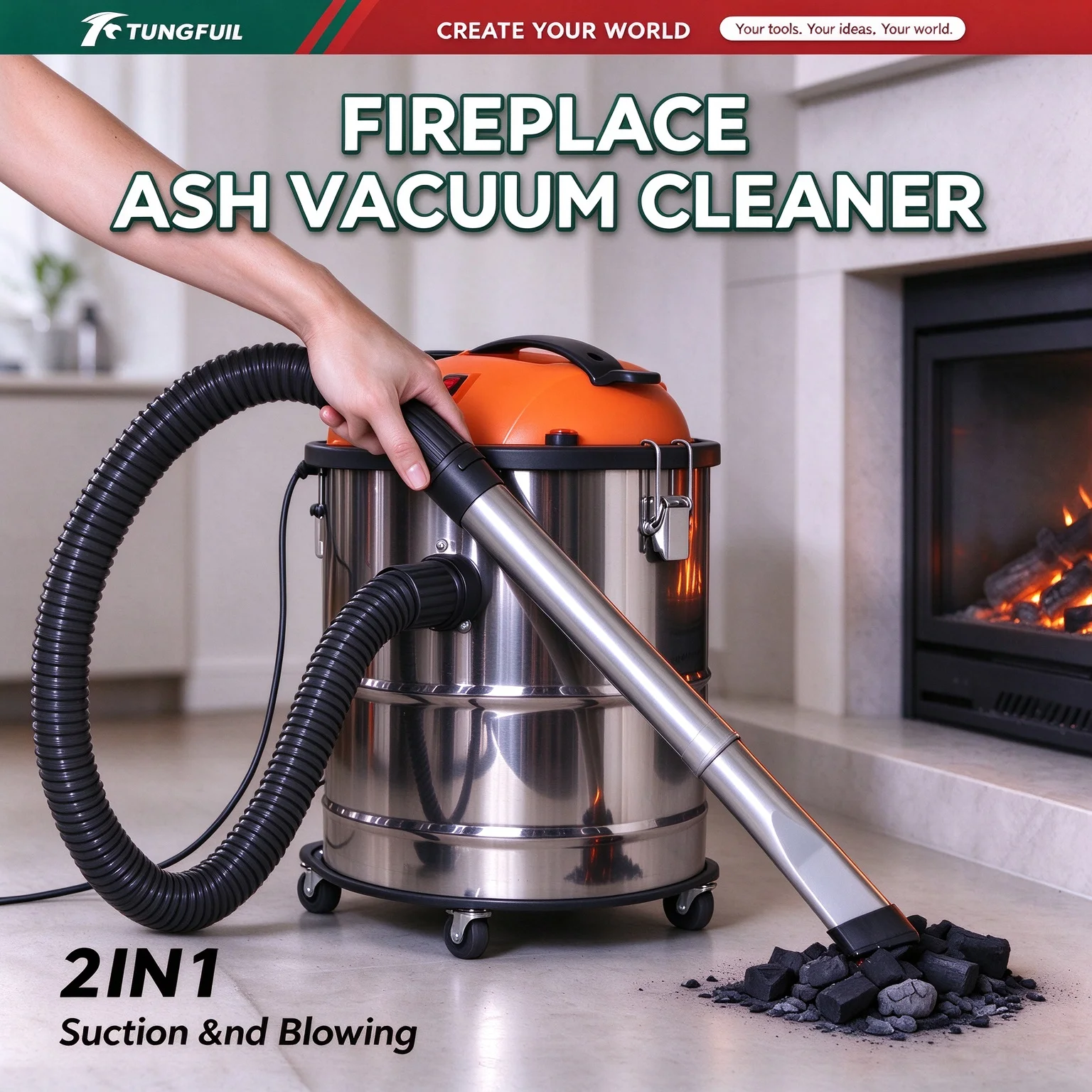 TUNGFULL Ash Vacuum Cleaner 1200W High Power 2 in 1 Suction Blowing for Fireplace Charcoal Sawdust Wood Stove BBQ