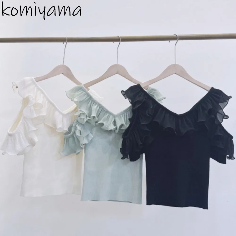 ปิดไหล่แขนสั้น Roupas V คอ Ruffles Ropa Mujer หวานถักเสื้อผ้าผู้หญิงเสื้อผ้าใหม่เสื้อผ้าวัยรุ่น