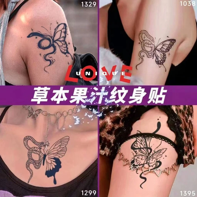 

Dark Butterfly Snake Herbal Juice Waterproof Tattoo Stickers Women Semi Permanent Clavicle Butterfly Sexy Fake Tattoos Lasting