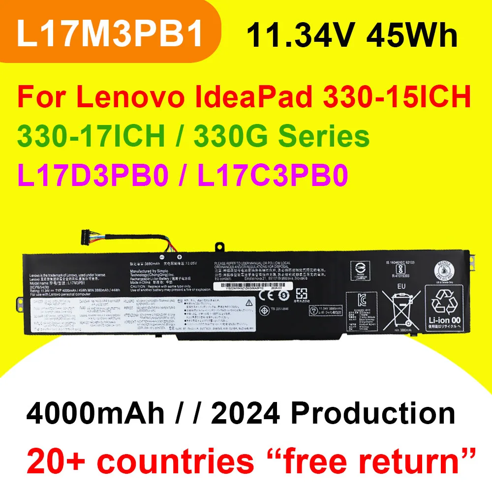 For Lenovo IdeaPad 330G 330-15ICH 330-17ICH Series Laptop Battery L17M3PB1 L17D3PB0 L17C3PB0 11.34V 45Wh 4000mAh Rechargeable