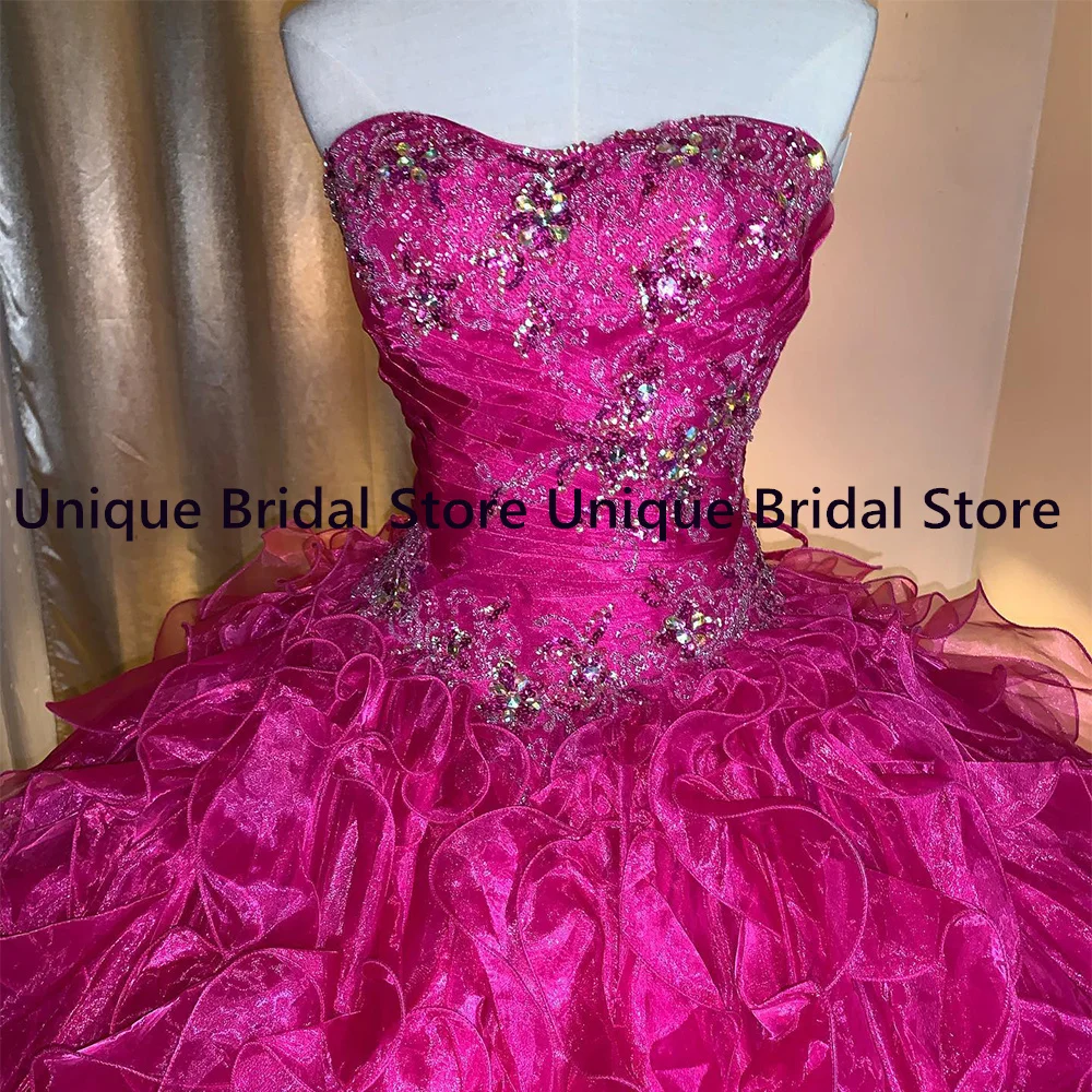 Fuchsia Ball Gown Quinceanera Dresses Sweetheart Sleeveless Beads Applique Ruffles Organza Sweet 15 Year Gown Birthday Dress