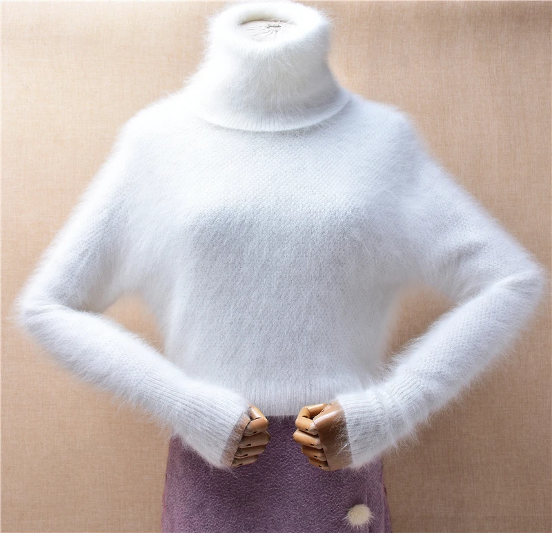 Female Women Fall Winter Cute White Hairy Angora Rabbit Hair Knitted Long Sleeves Turtleneck Crop Top Slim Blouse Sweater Jumper