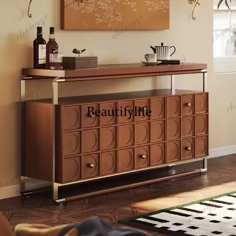 Medieval Style French Retro Cherry Wood Dining Side Cabinet with Annual Rings Wall Mounted Integrated Solid Wood Storage