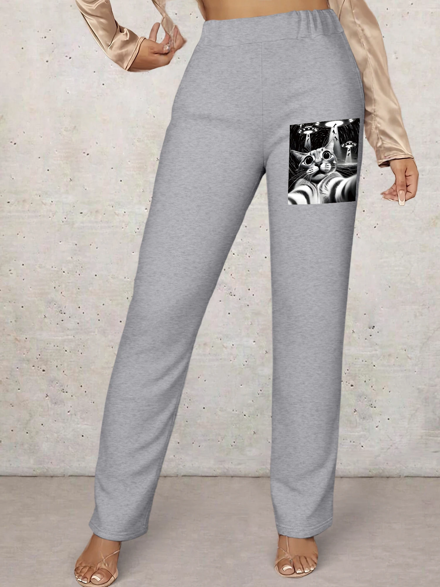 

Alien UFO Cat Selfie Print Casual Pants, High Waist Straight Leg Trousers, Elastic Waist Funny Graphic Daily Bottoms