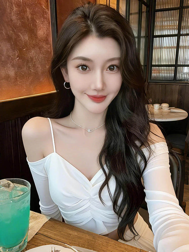 

Ele Spring Season Chiffon irt with Lace Trim Folded Design Sexy Girl Outfit French Sle Slim Fit Long Sve V-Ne irt