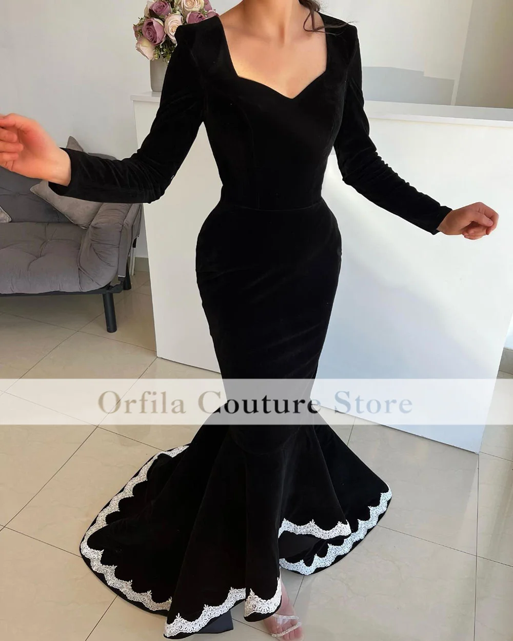 Muslim Formal Evening Dress Long Sleeves Velvet Mermaid Prom Dresses Arabic African Women Ceremony Party Wear