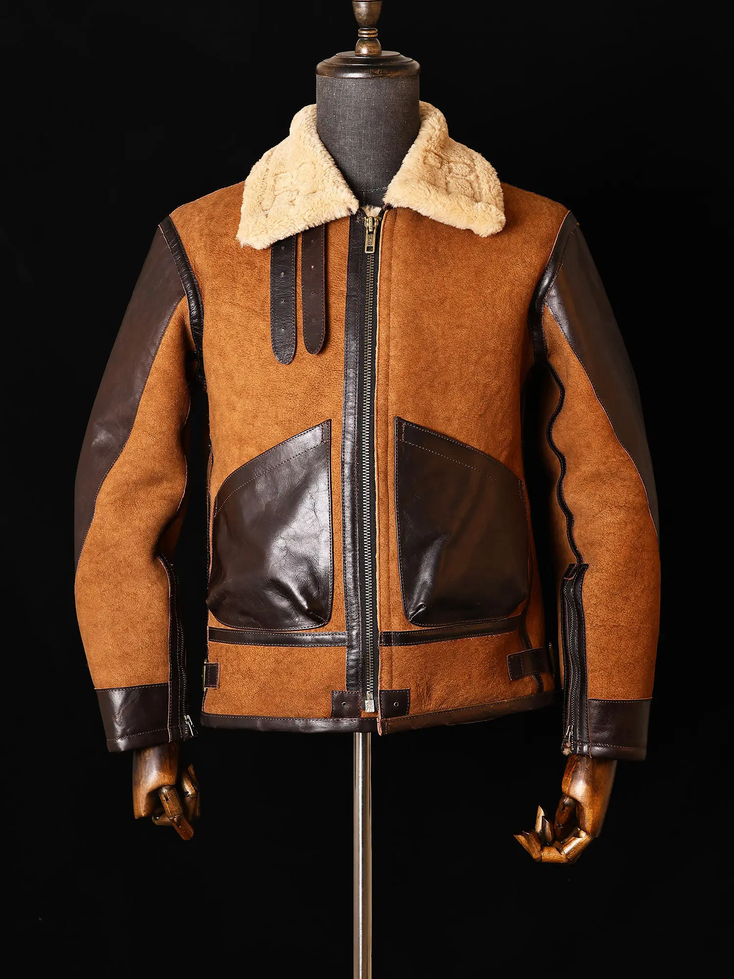 B3 sheepskin fur integrated flight suit American retro casual battle damage leather jacket