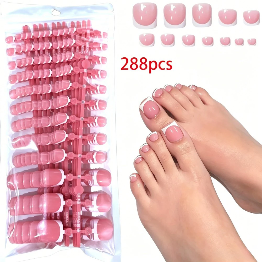 288pcs Ankle Nails Are Gentle And High-End with White French Stripes Short Square Fake Nails Sweet Press-On Are Suitable for All