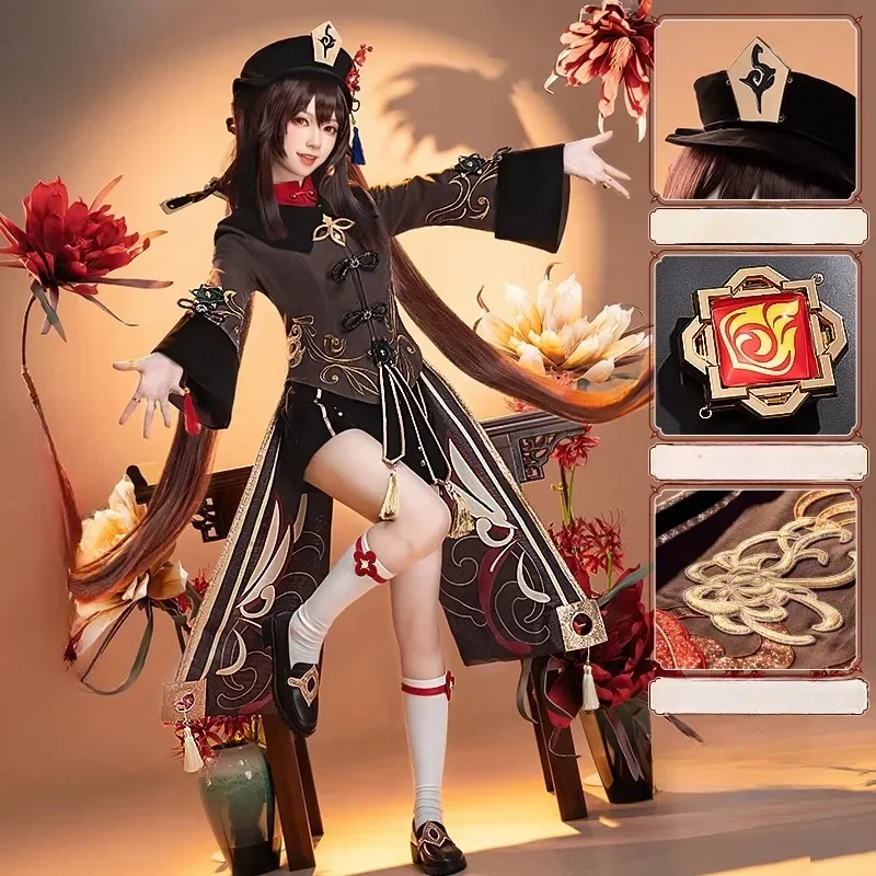 

Hu Tao Cosplay Genshin Impact Game Black Long Dress Full Set Hat Wig Role Play Outfit Adults Carnival Party Cool Costume