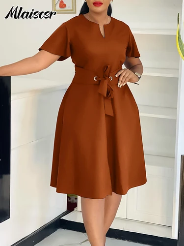 Mlaiscsr-vestidos mediados de oficina para mujer, cuello en V, manga corta, moda de noche, cumpleaños, elegante, línea A, bata holgada con vendaje 2025