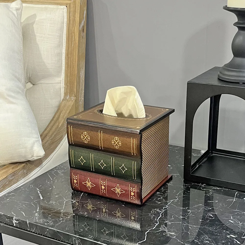 

Square Book Shaped Vintage Tissue Box Cover Wooden Paper Extraction Box Creative Tissue Storage Case for Home Bedroom Bathroom