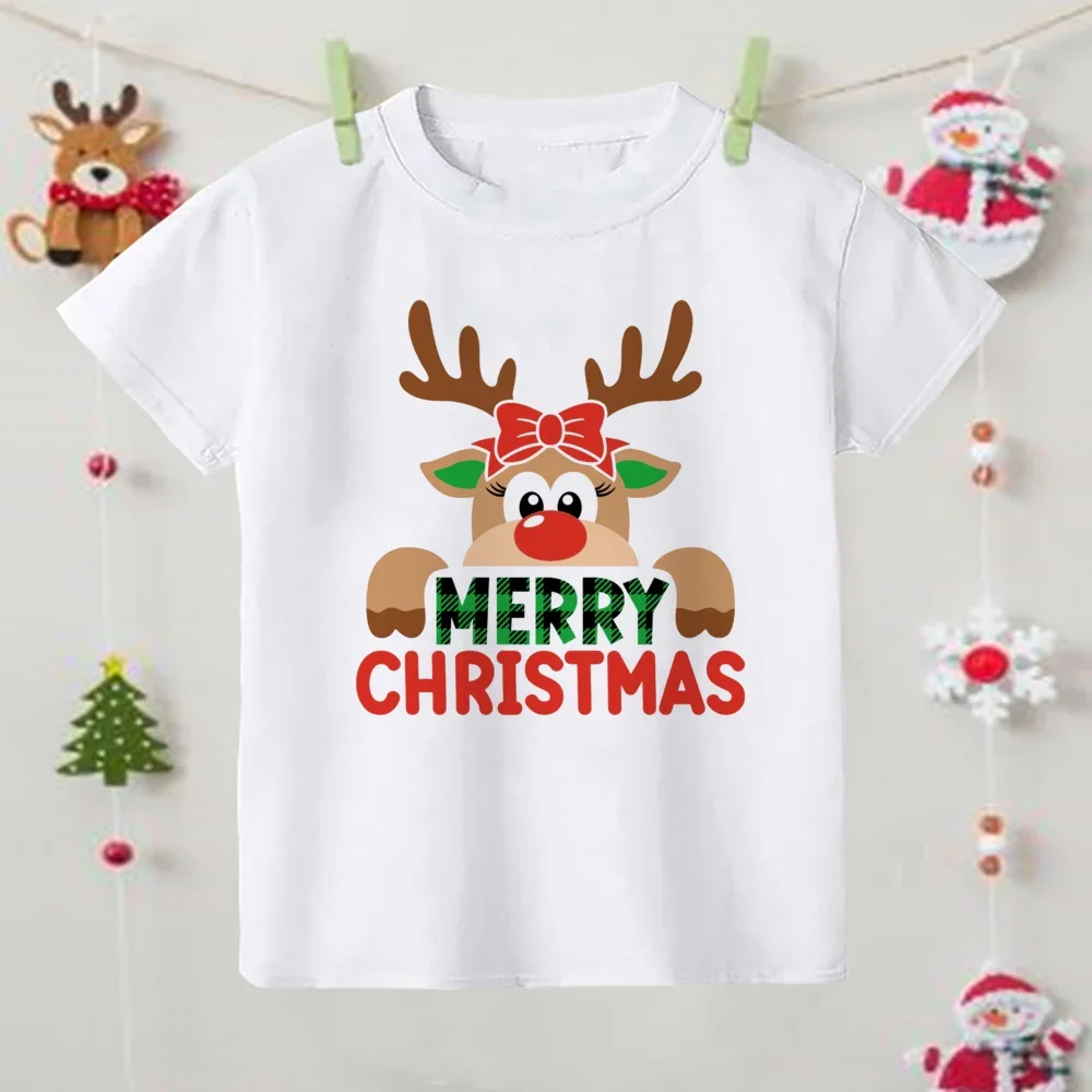 Merry Christmas Deer Print Children Clothes Baby Boys Girls Short Sleeve T-shirt Kids Graphic Tee Xmas Holiday Christmas Shirt