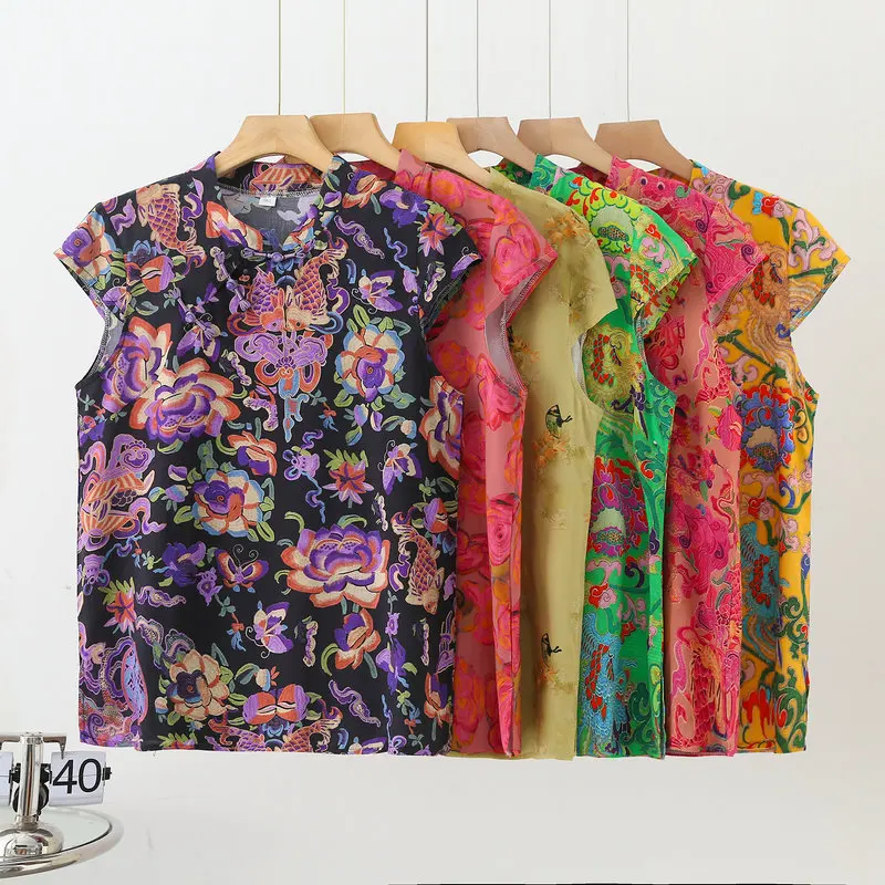 

Летние рубашки Cheongsam из искусственного шелка с короткими рукавами, топы с застежкой в виде лягушки, новый китайский стиль, большие размеры, независимый дизайн