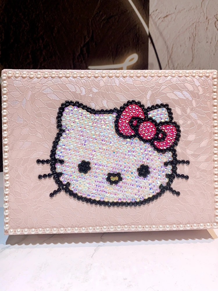 Sanrio Double Layered Jewelry Box Sticky Diamond Kitty With Lock Kawaii Storage Box Multi Functional Cute Princess Jewelry Box