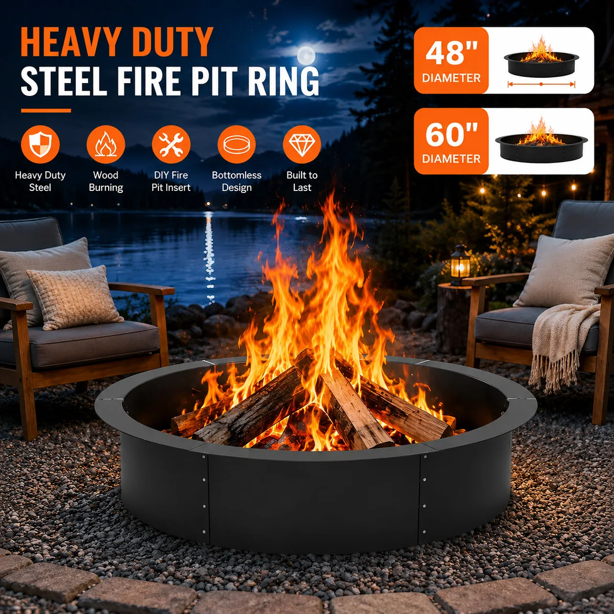 Heavy Duty Outdoor Fire Pit Ring 48 60 Inch Steel Wood Burning Fire Ring Insert Bottomless Round Fire Pit Liner for DIY Backyard Patio Camping Above Ground In Ground