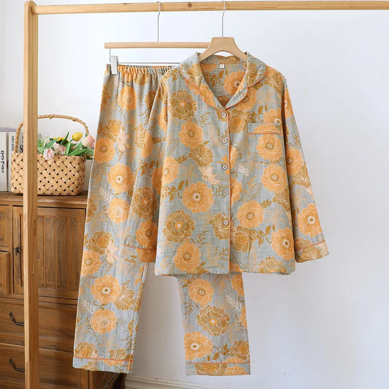 

Four Seasons Nightwear Women Cotton Lapels Long Sleeve Sweet Loose Print Loungewear Ladies Summer Sleepwear