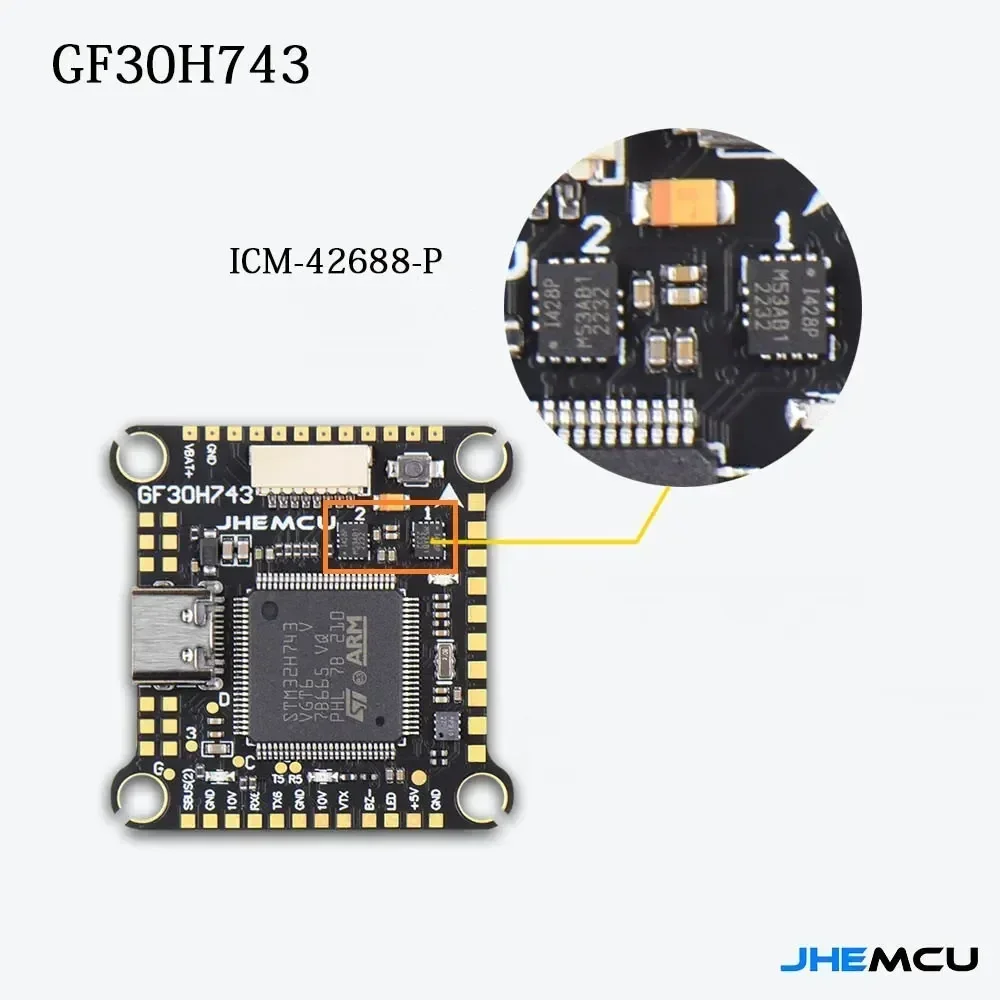 JHEMCU GF30H743 H743 480MHZ Controlador de vôo ICM-42688-P Barômetro duplo OSD 128M BlackBox Dual BEC 3-6S 30X30mm para drones FPV
