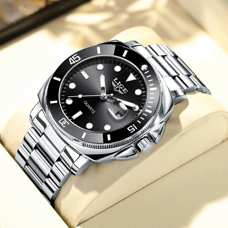 LIGE Square Watch Men Business Casual Wristwatch Luxury Date Quartz Watch Steel Watches For Men Clock Relogios Masculino+Box