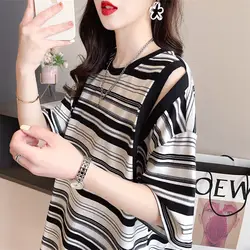 Women's Clothing Summer New Korean Commute Loose Midi Striped Crew Neck Spliced Hollow Out All-match Short Sleeve T-shirts Tops