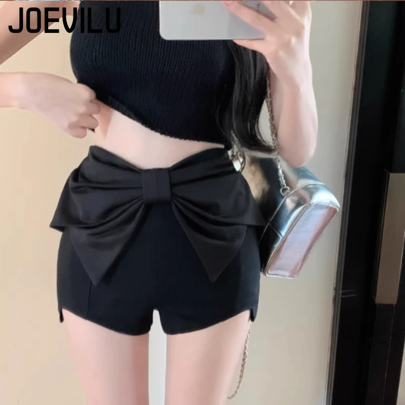 JOEVILU ハイウエスト蝶ネクタイショーツ夏の新フレンチスパイスガールズヒップスターパンツ不規則な黒のショーツトレンディな婦人服