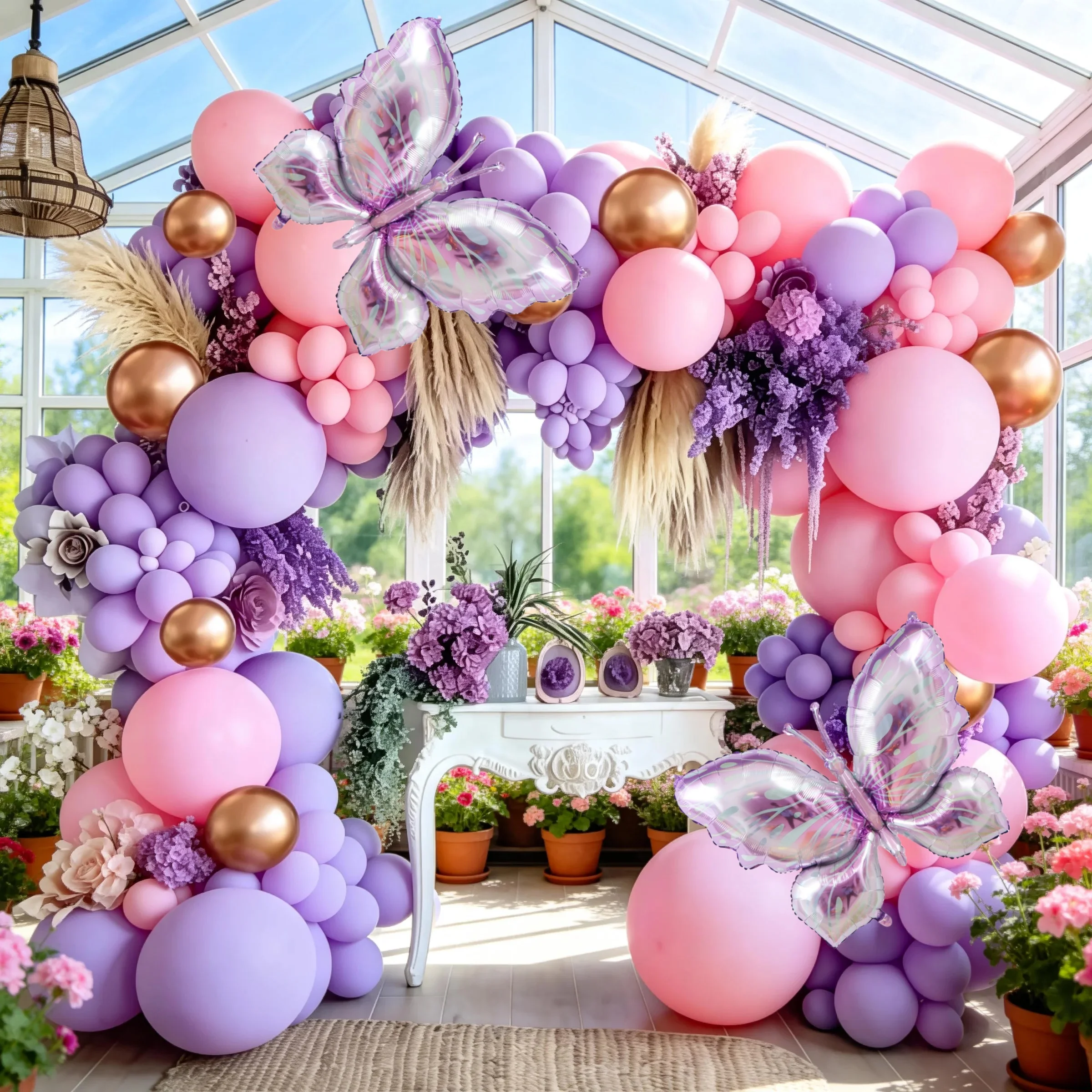 

[Гирлянда из воздушных шаров в стиле бабочек] Набор из 172 воздушных шаров в стиле бабочек, фиолетовый, с элементами в цветах мака-пурпур и розовый, с золотыми шарами, подходит для украшения на день рождения, День матери, годовщину и весеннюю свадьбу.