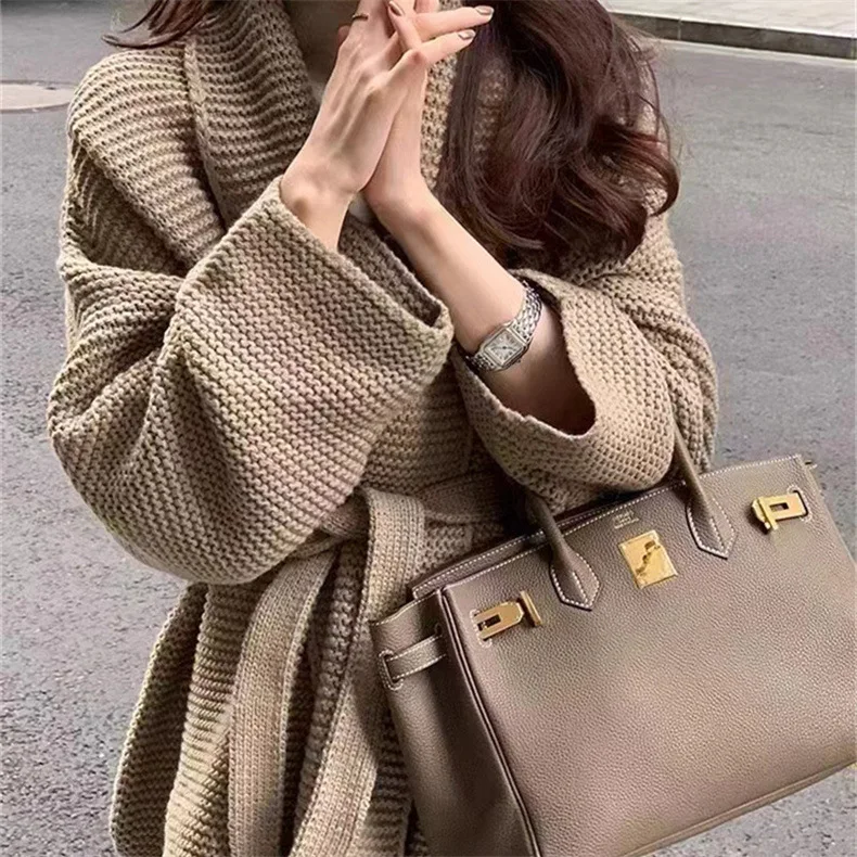 Medium Length Knit Cardigan for Women, Fashionable French Style, Long Sweater Coat, Autumn and Winter