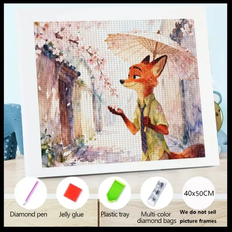 

1PC 5D Full Drill Diamond Painting Kit, Zootopia Nick Wilde Fox with Umbrella Cherry Blossoms Street Cartoon Animal Art, 40x50CM