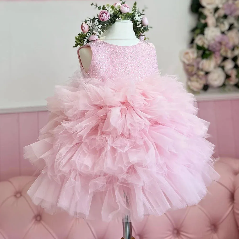 Vestido de lentejuelas en capas de tul rosa para niña, vestido sin mangas de flores para boda, fiesta de cumpleaños para niños encantadores, vestidos de baile de primera comunión