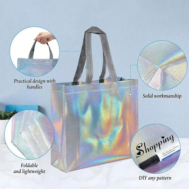 10/20 Stück silberne wiederverwendbare Geschenk-Einkaufstasche für Brautjungfern, Hochzeit, Geburtstag, Party, Lebensmitteleinkauf, umweltfreundliche Gastgeschenke, Partyzubehör – Detail 8
