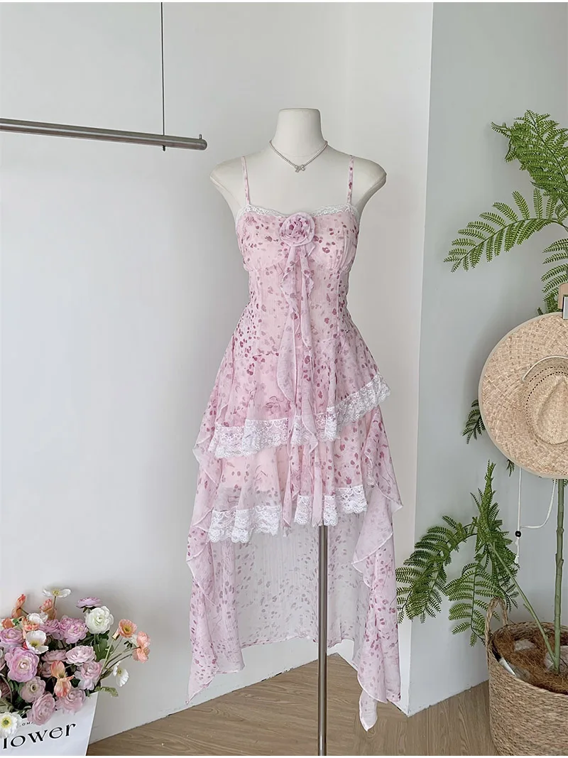 Y2K Unregelmäßige Kleid Frauen Mode Party Floral Spitze Spaghetti Strap Kleider Sommer Urlaub Frankreich Rüschen Bodycon Vestidos